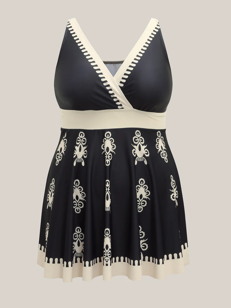 Boho Flower Print Surplice Swim Dress