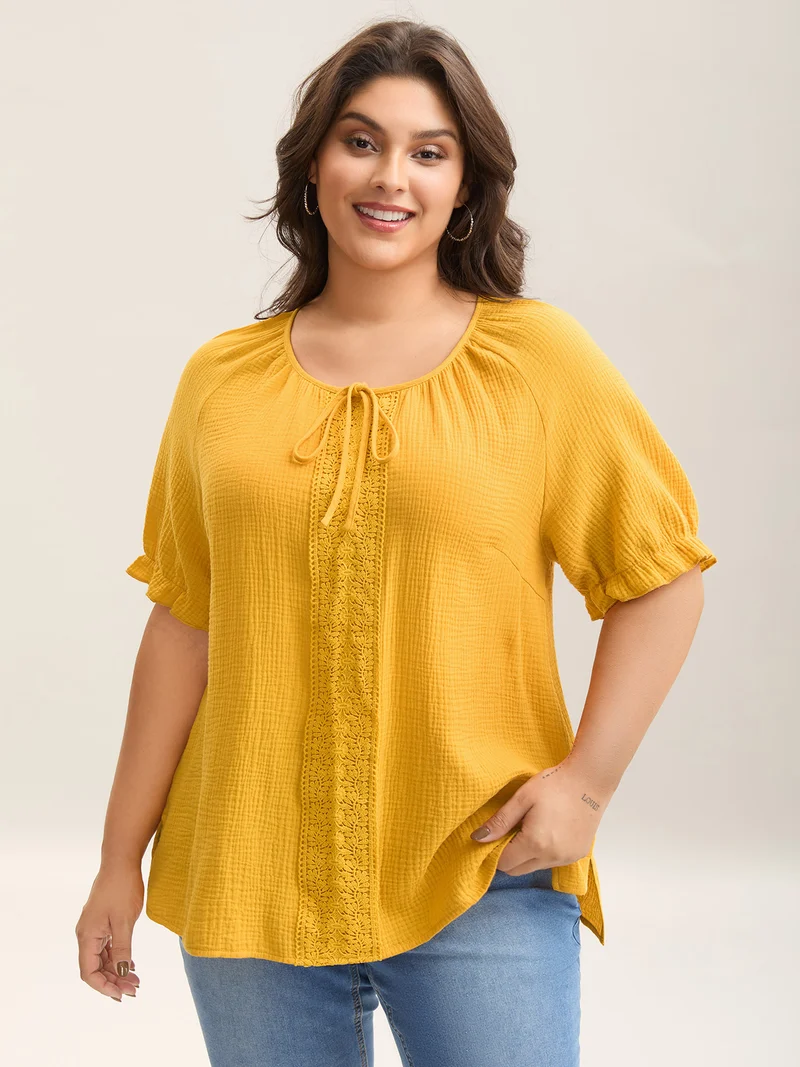 Pure Cotton Lace Placket Tied Blouse