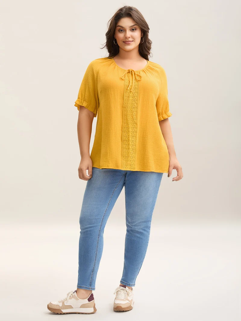 Pure Cotton Lace Placket Tied Blouse