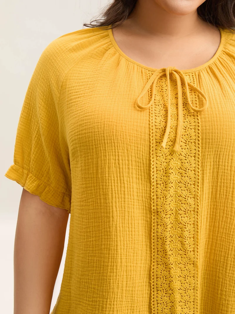 Pure Cotton Lace Placket Tied Blouse