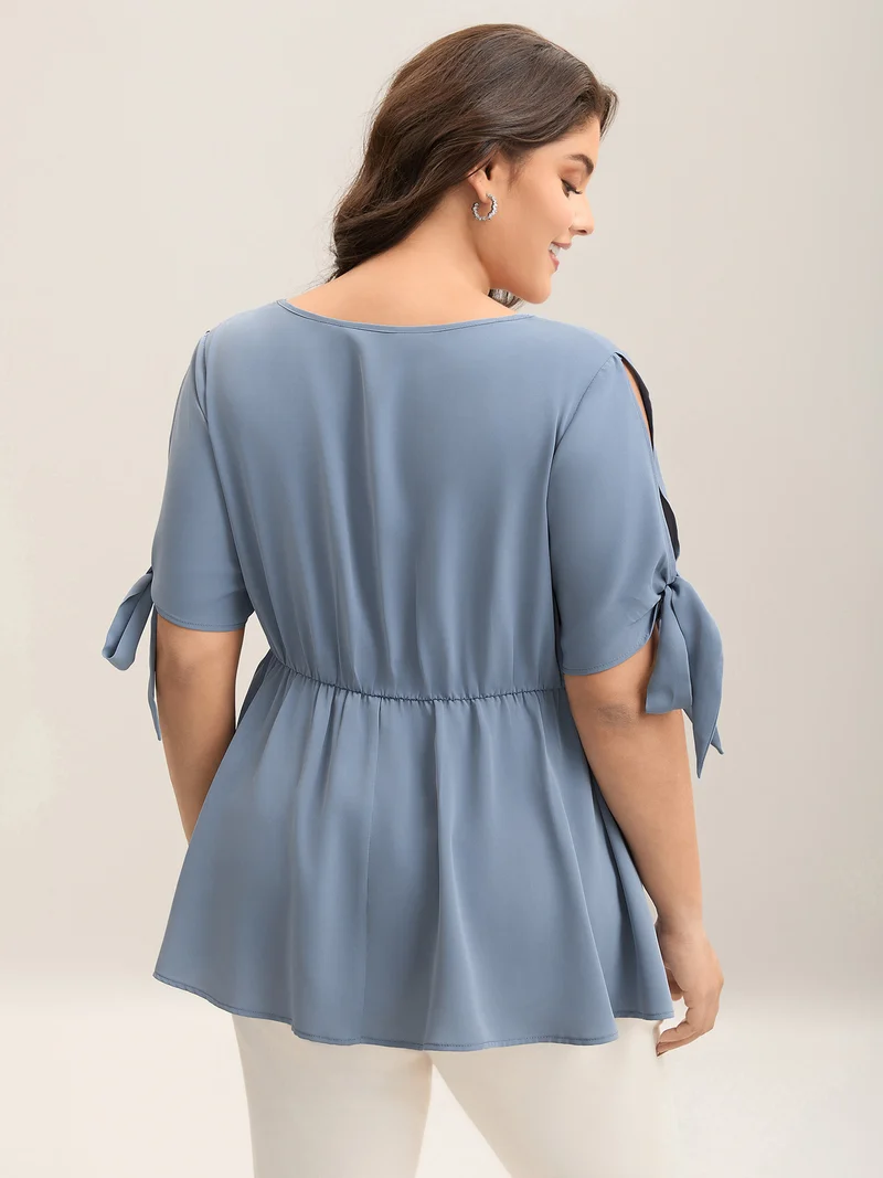 Knotted Sleeve Pearl Detail Keyhole Blouse