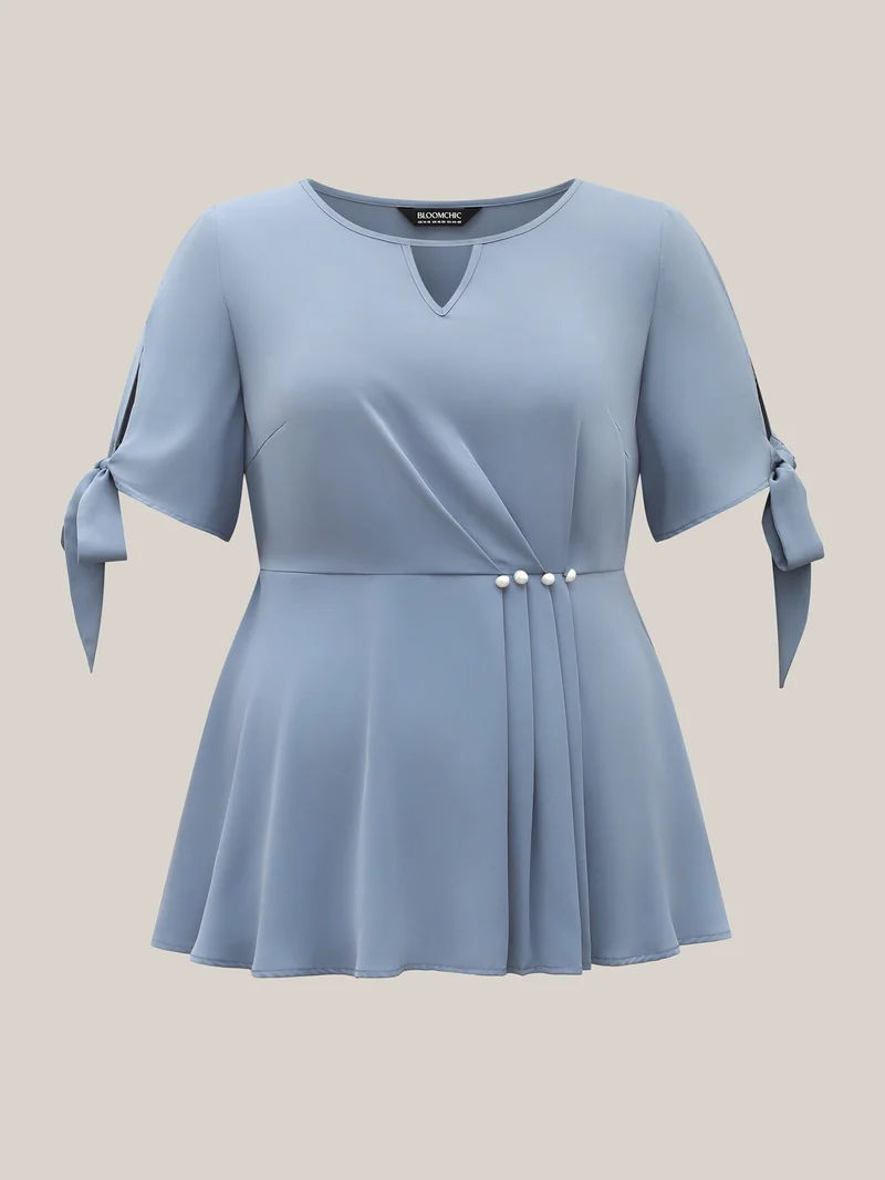 Knotted Sleeve Pearl Detail Keyhole Blouse