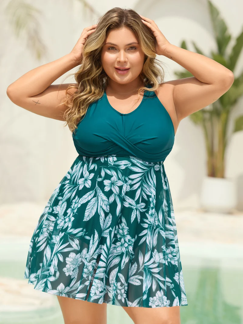 Twist Front Mesh Tropical Print Swim Dress