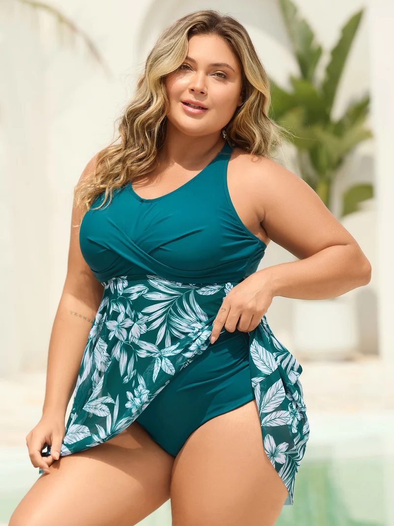 Twist Front Mesh Tropical Print Swim Dress