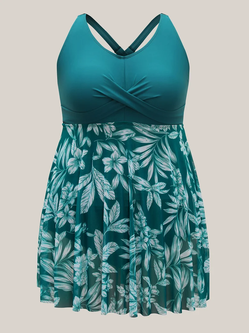 Twist Front Mesh Tropical Print Swim Dress