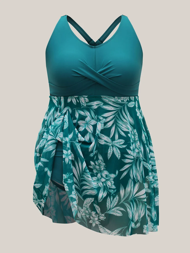 Twist Front Mesh Tropical Print Swim Dress