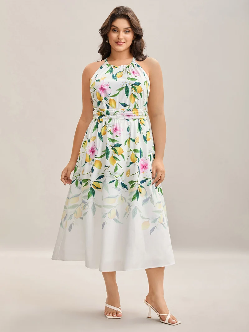 Large Floral Pattern Pleated Waist Midi Dress