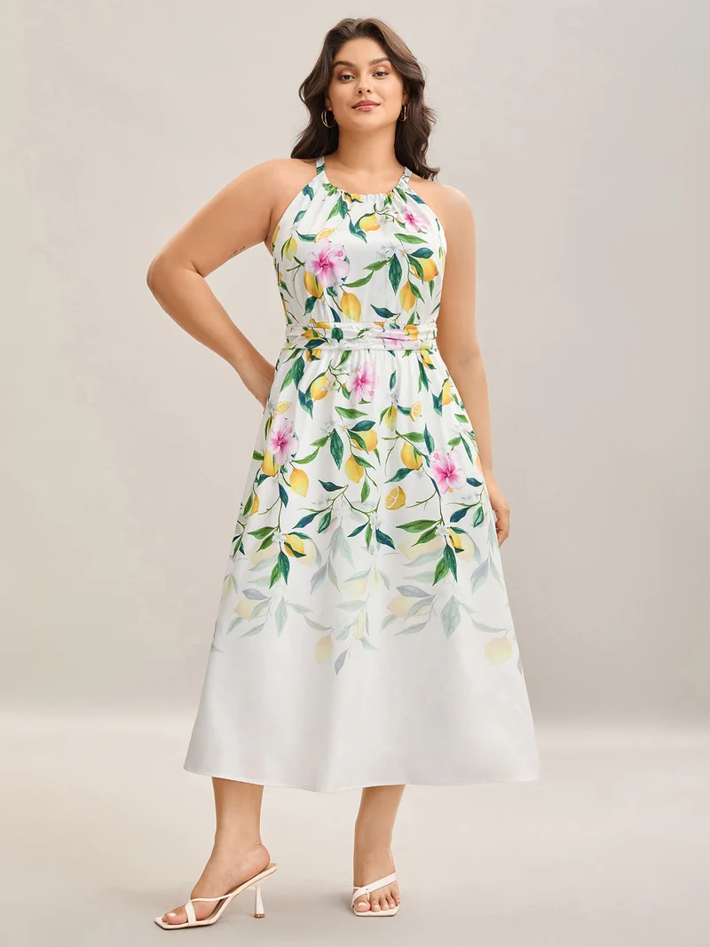 Large Floral Pattern Pleated Waist Midi Dress