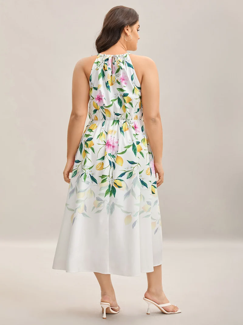 Large Floral Pattern Pleated Waist Midi Dress