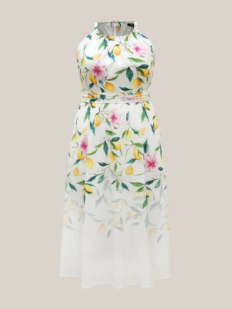 Large Floral Pattern Pleated Waist Midi Dress