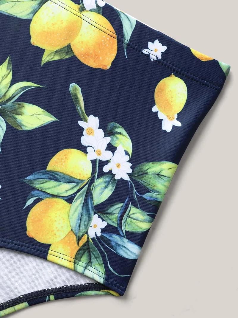 Lemon Print Twist Front Flowy Swim Dress