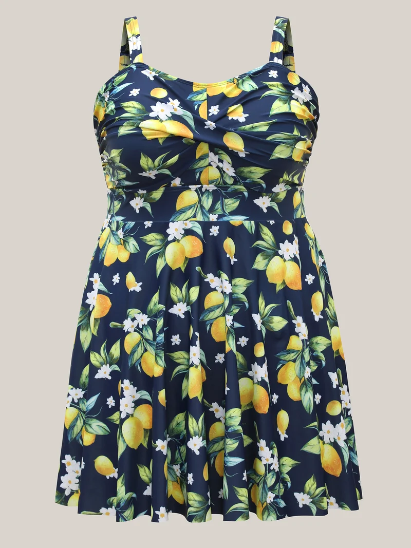 Lemon Print Twist Front Flowy Swim Dress