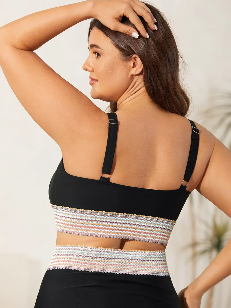 Patchwork Ruched Drawstring Swim Top