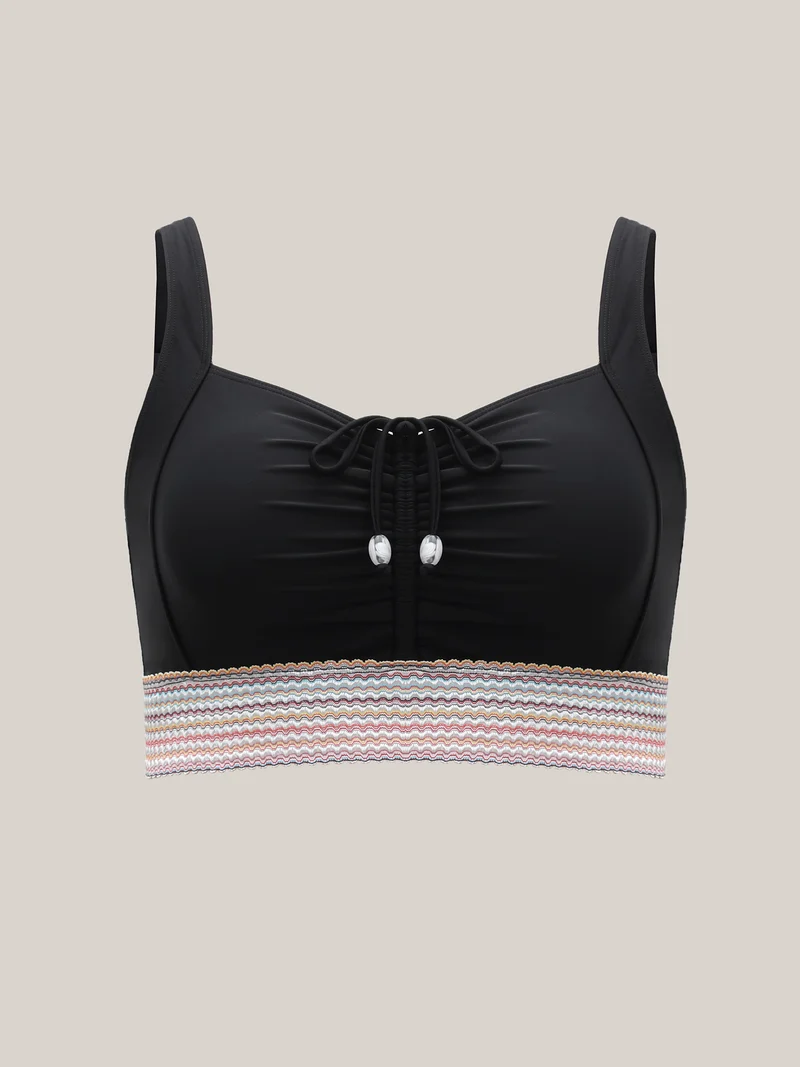 Patchwork Ruched Drawstring Swim Top