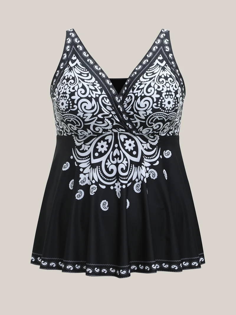 Boho Print Surplice Neck Swim Top