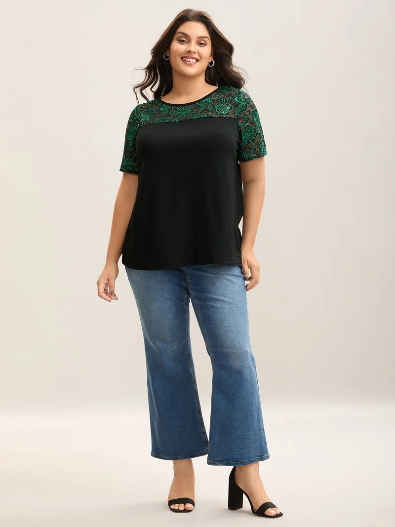 Lace Neck Sequins Color Contrast T-Shirt