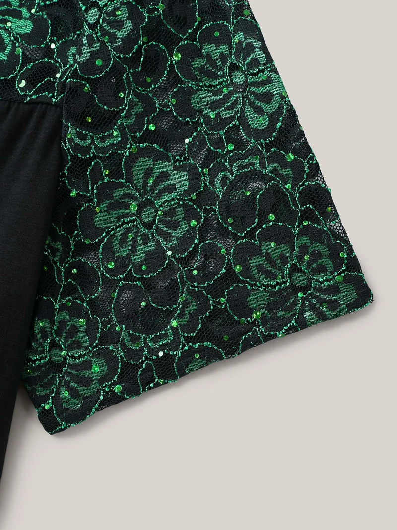 Lace Neck Sequins Color Contrast T-Shirt
