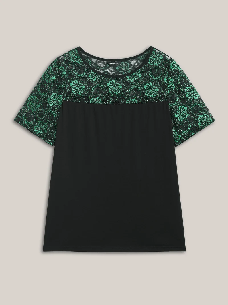 Lace Neck Sequins Color Contrast T-Shirt