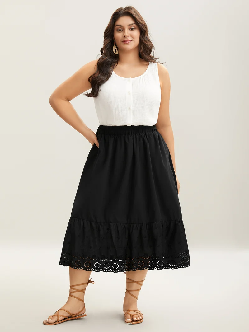 Cotton Embroidered Lace Tiered Hem Skirt