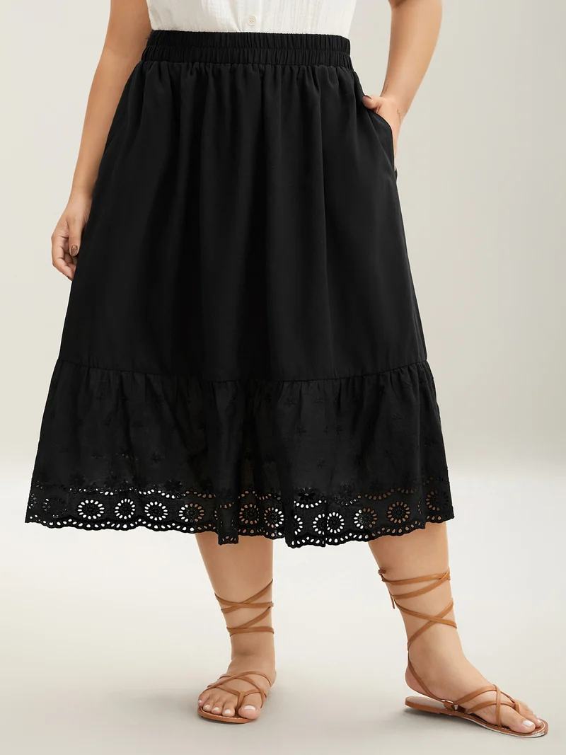 Cotton Embroidered Lace Tiered Hem Skirt