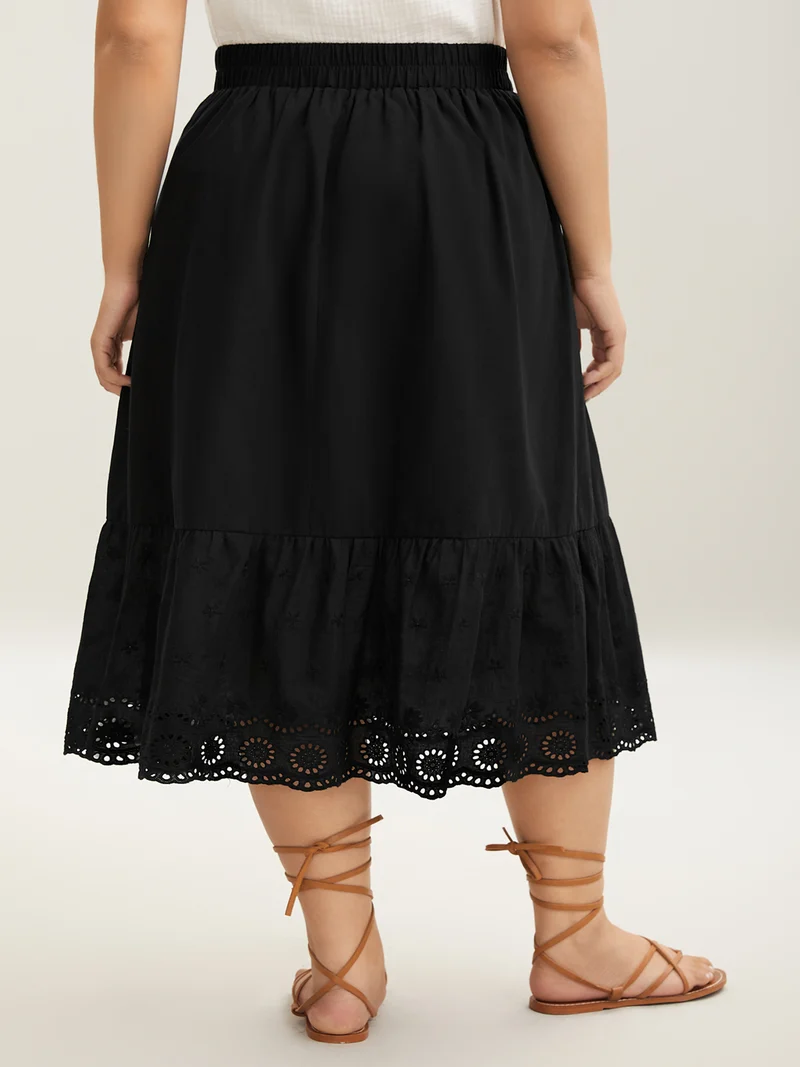 Cotton Embroidered Lace Tiered Hem Skirt