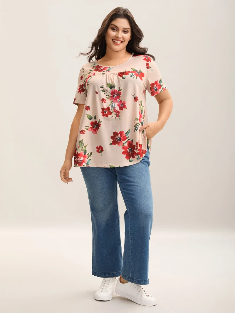 Dreamy Floral Print Flowy Pleated T-Shirt