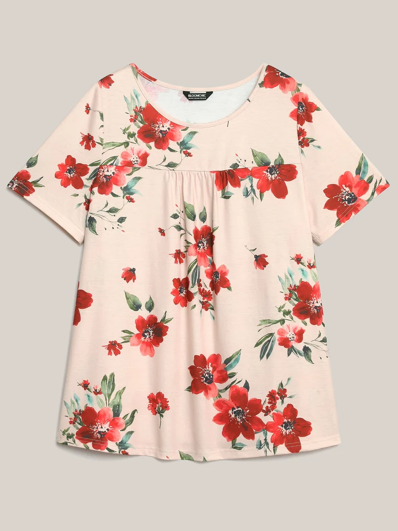 Dreamy Floral Print Flowy Pleated T-Shirt