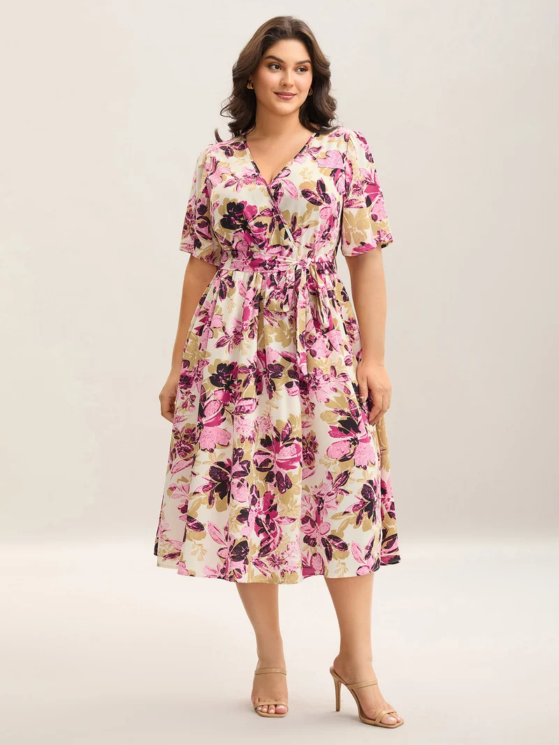 Floral Pattern Pockets Surplice Midi Dress