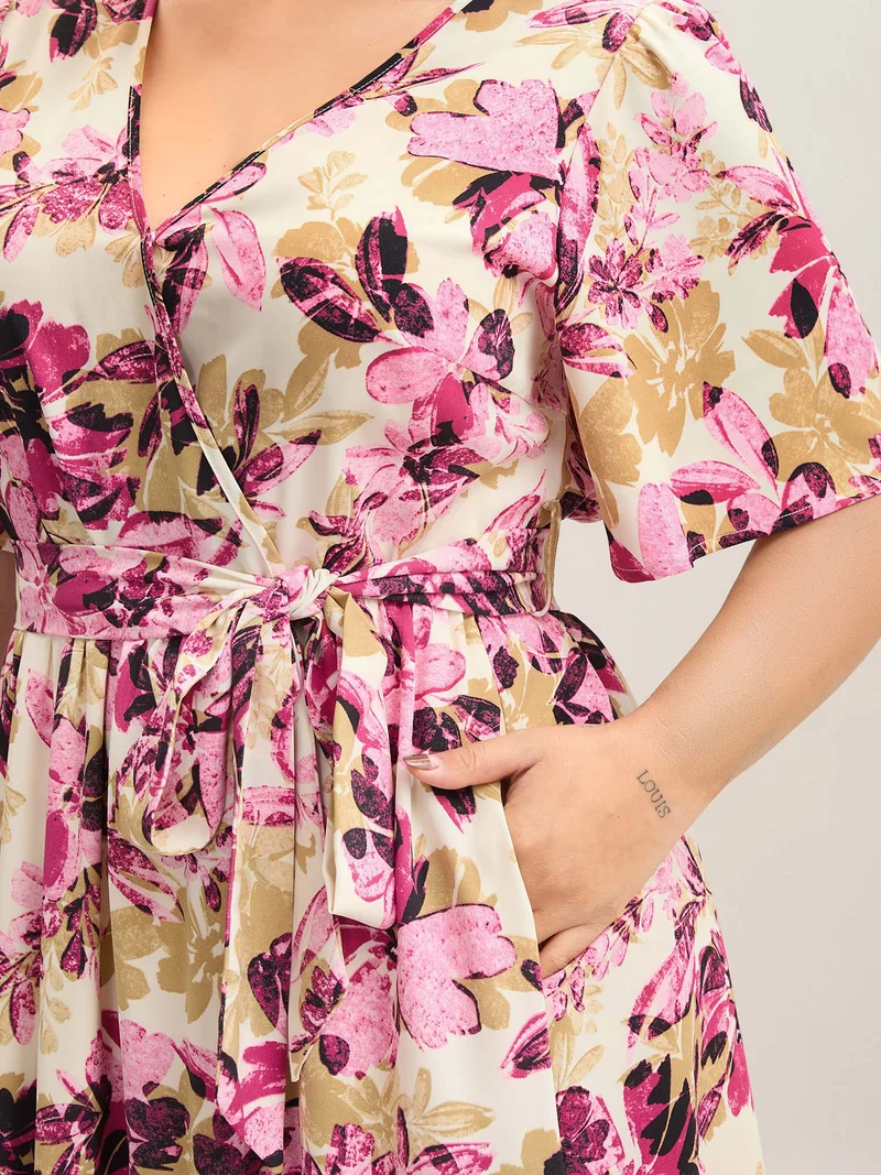 Floral Pattern Pockets Surplice Midi Dress