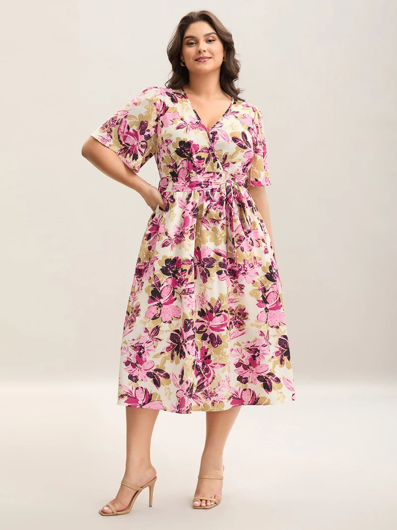Floral Pattern Pockets Surplice Midi Dress