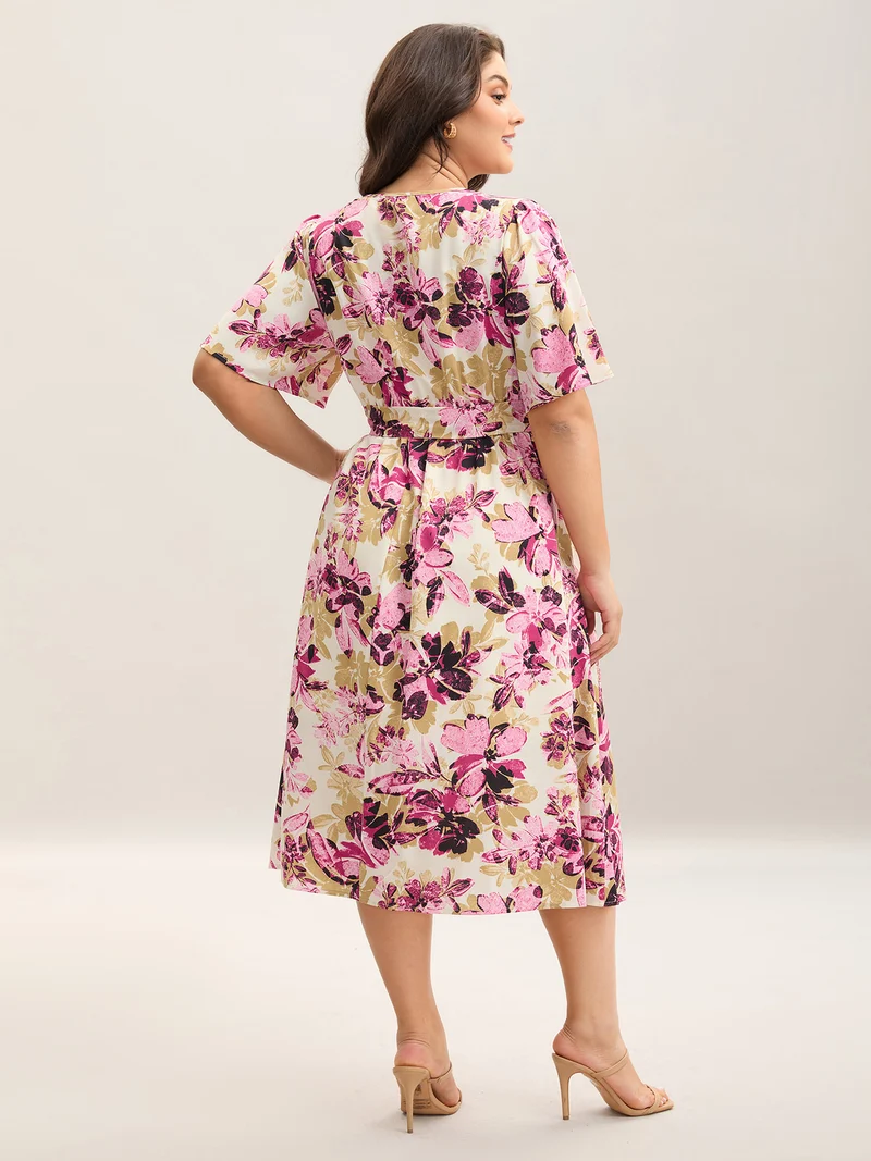 Floral Pattern Pockets Surplice Midi Dress