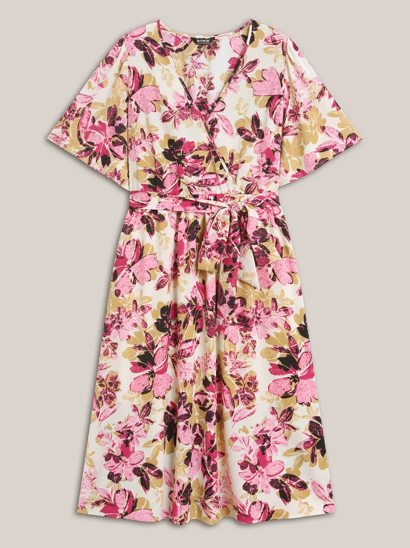 Floral Pattern Pockets Surplice Midi Dress