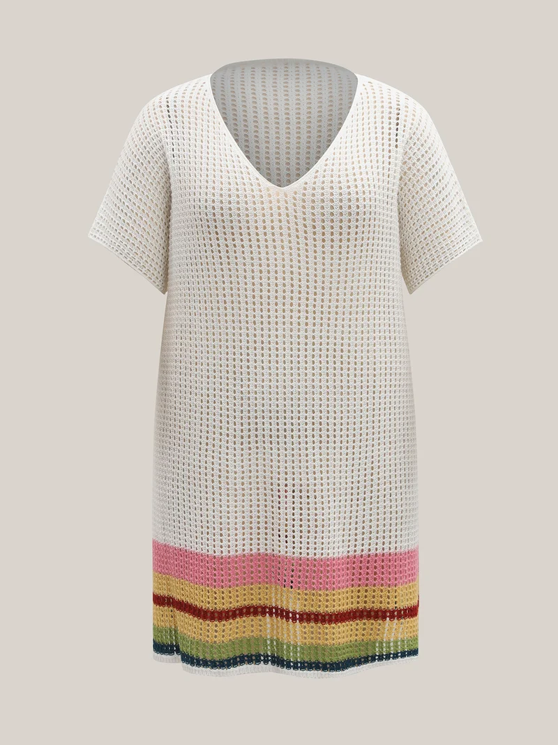 Striped Hem Cut-Out Slit Swim Cover-Up
