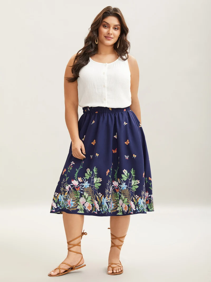Garden Print Pleated Midi Skirt