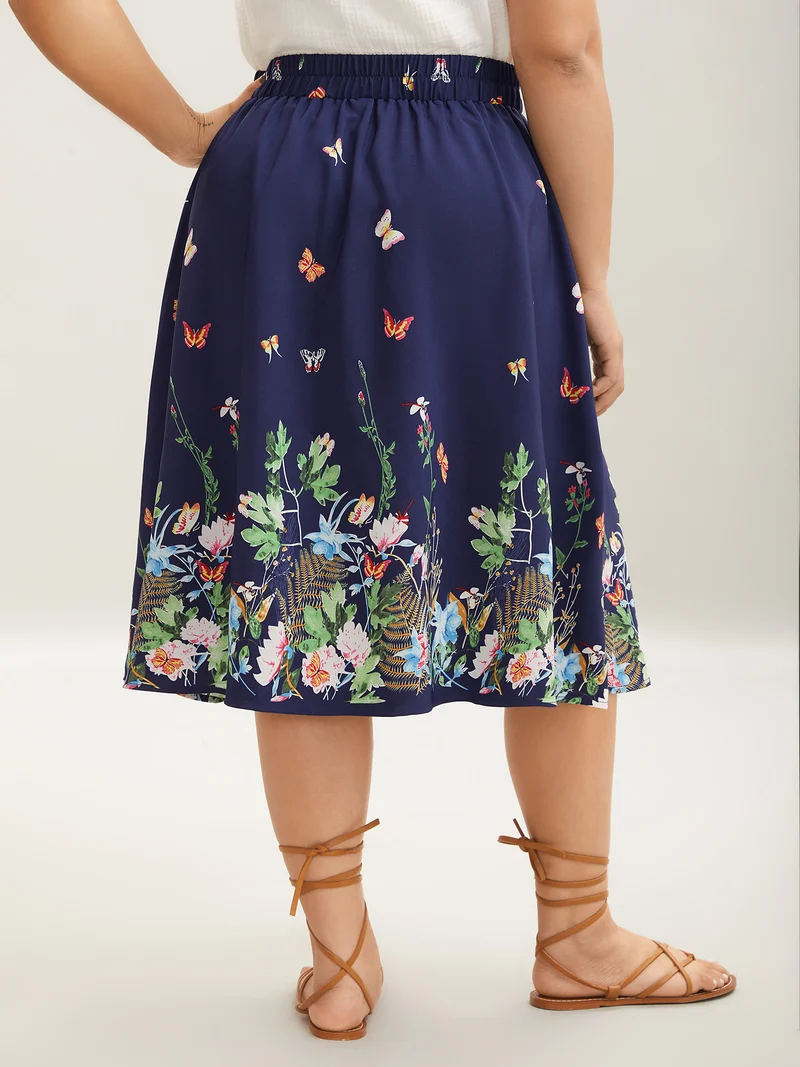 Garden Print Pleated Midi Skirt