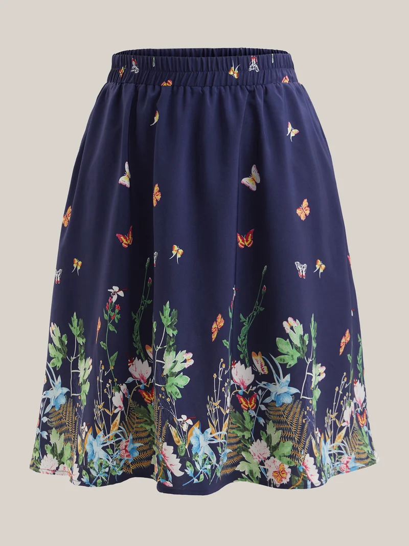 Garden Print Pleated Midi Skirt