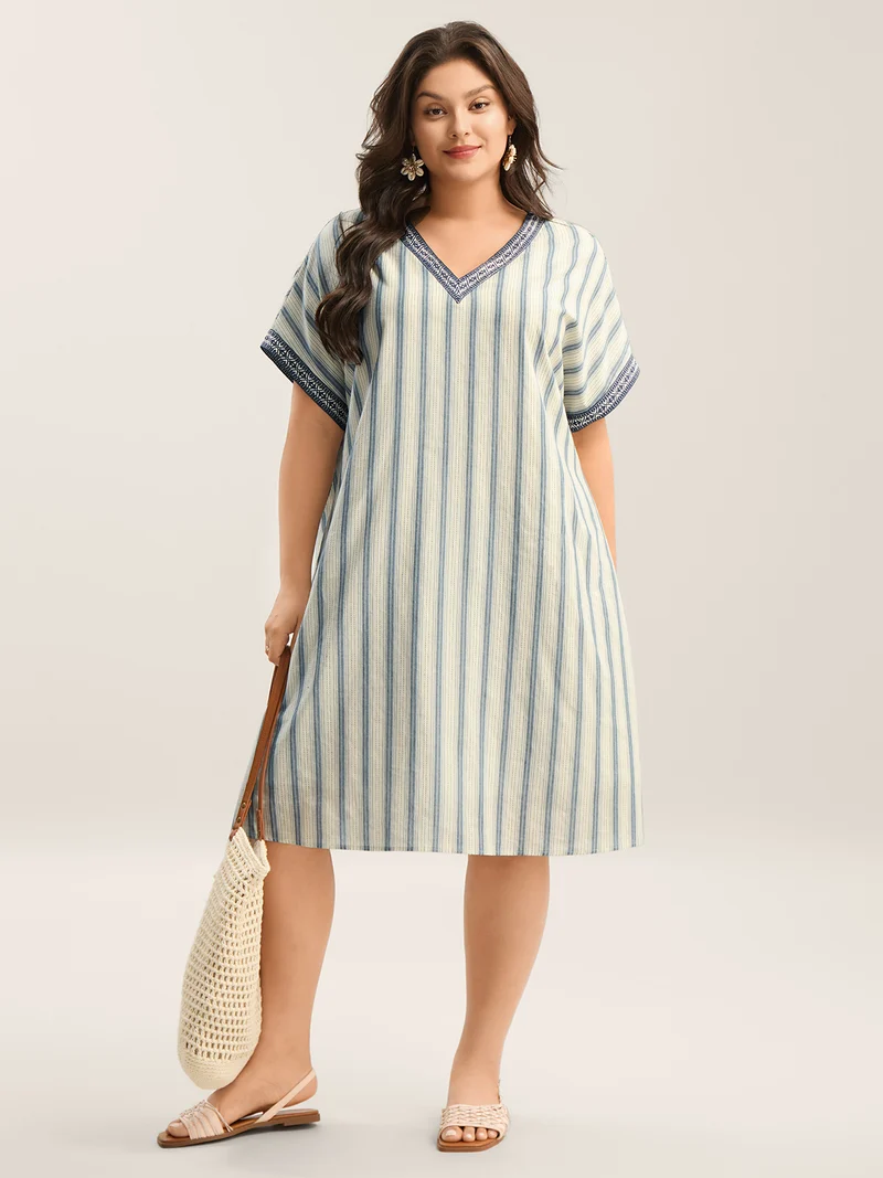 Pure Cotton Stripe Print Pockets Midi Dress