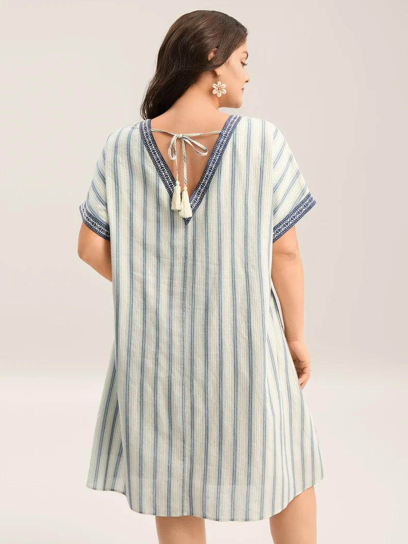 Pure Cotton Stripe Print Pockets Midi Dress