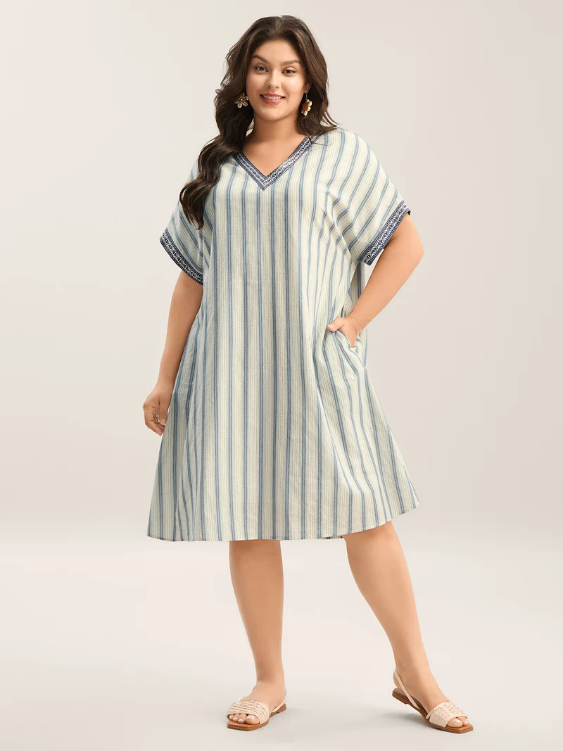 Pure Cotton Stripe Print Pockets Midi Dress