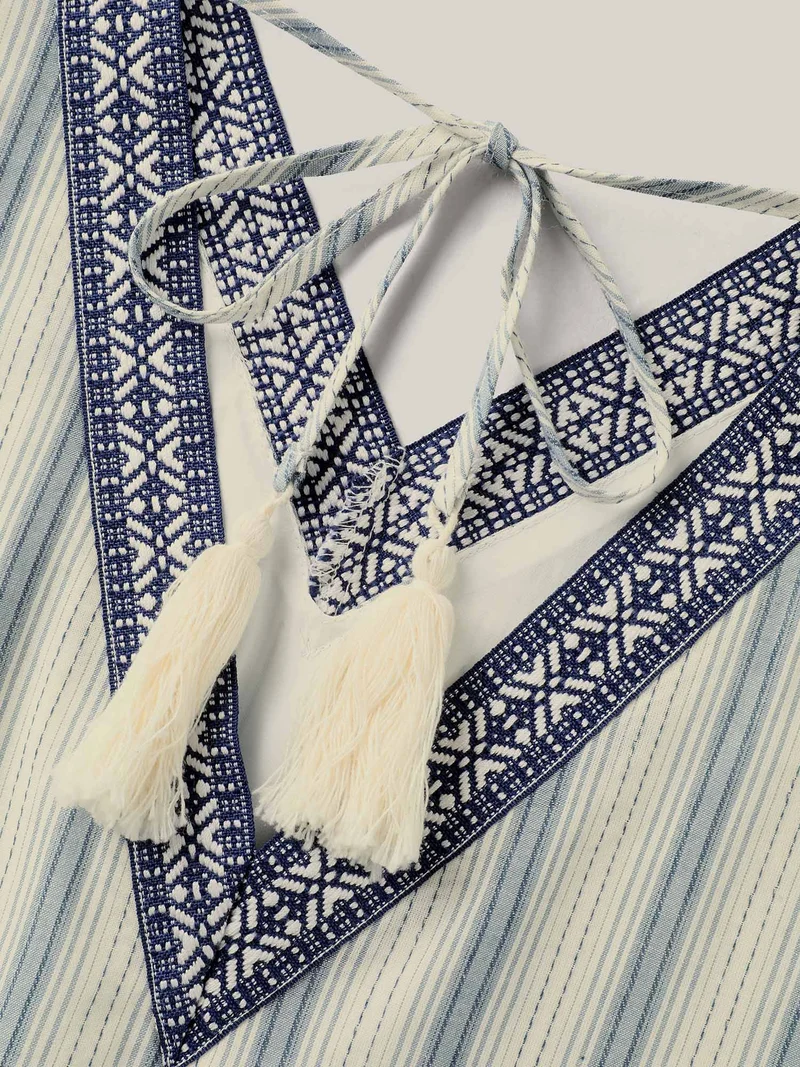 Pure Cotton Stripe Print Pockets Midi Dress