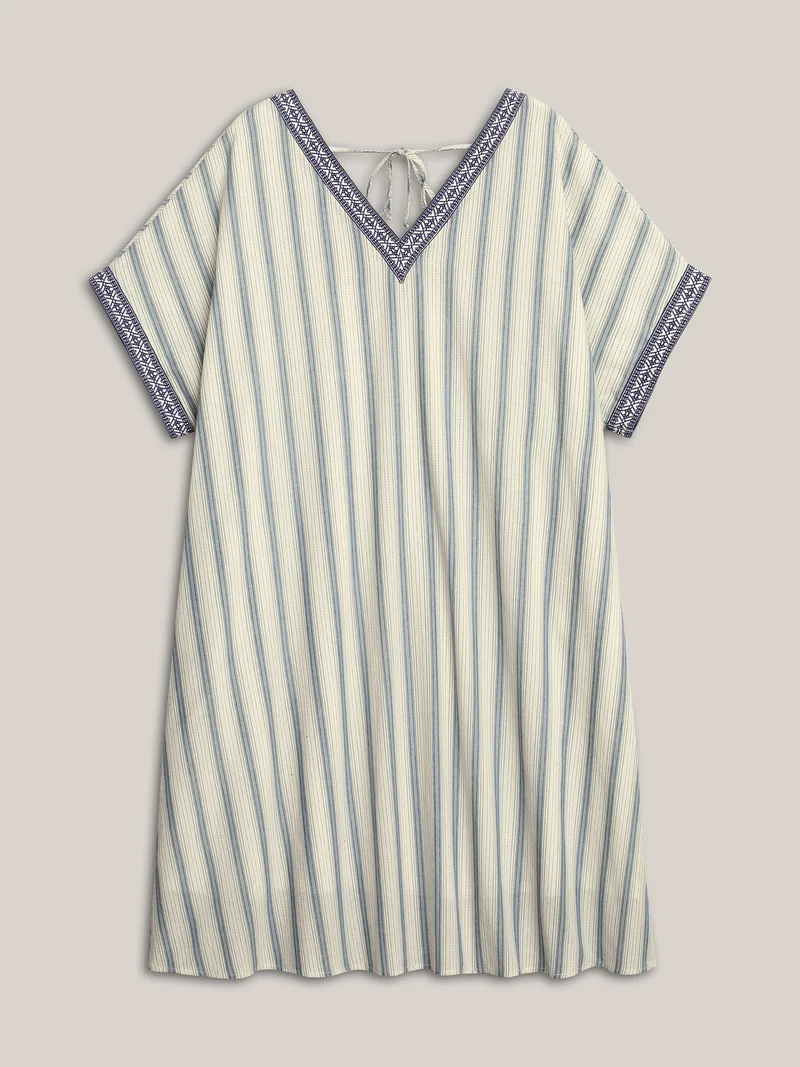 Pure Cotton Stripe Print Pockets Midi Dress