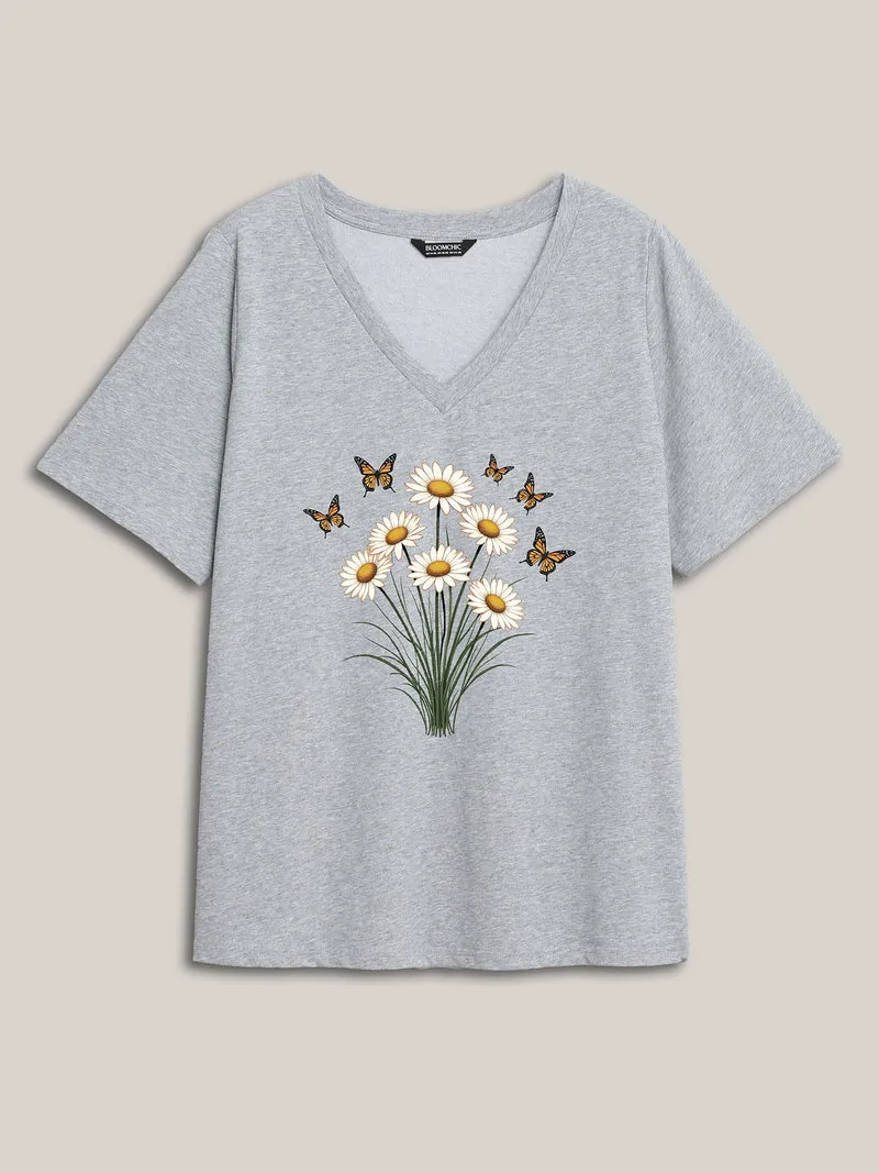 Adventurous Butterfly Pattern V-Neck T-Shirt