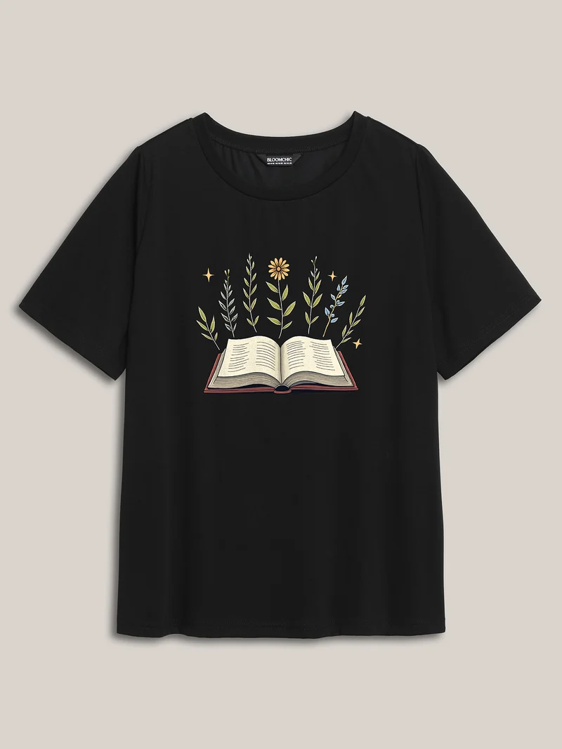 Garden Books Pattern Round Neck T-Shirt