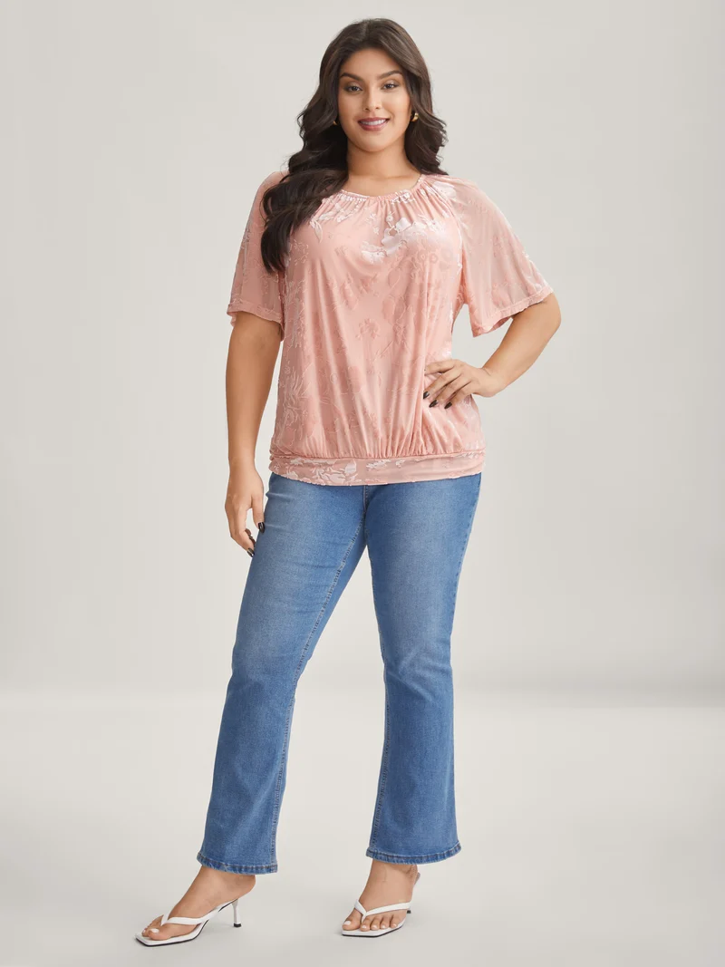 Textured Stretchy Sheer Crew Neck T-Shirt