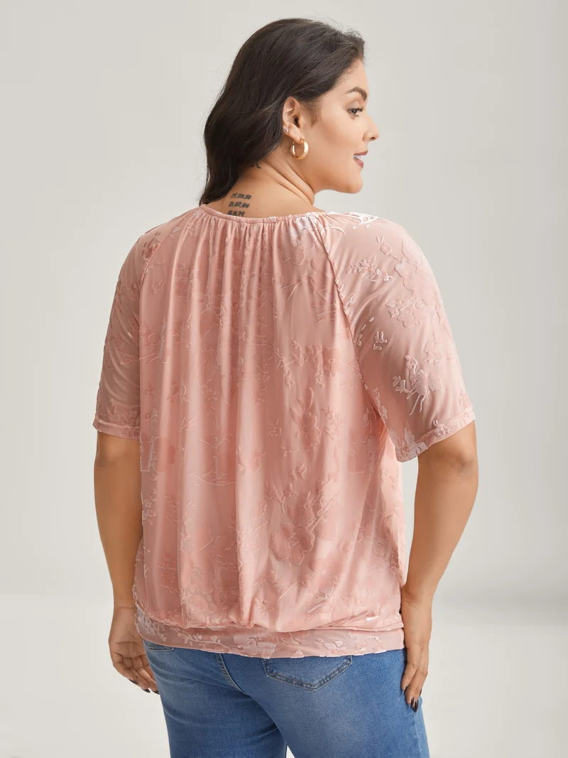 Textured Stretchy Sheer Crew Neck T-Shirt