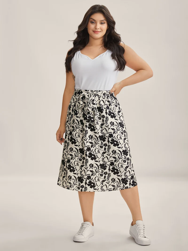 Floral Print Belted Midi A-Line Skirt