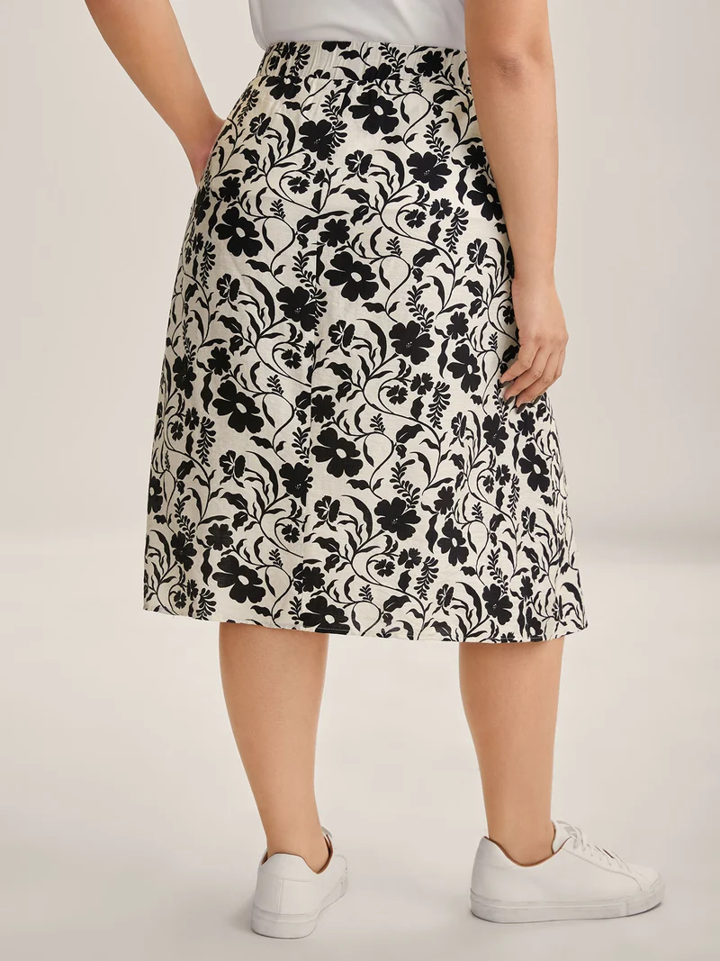 Floral Print Belted Midi A-Line Skirt
