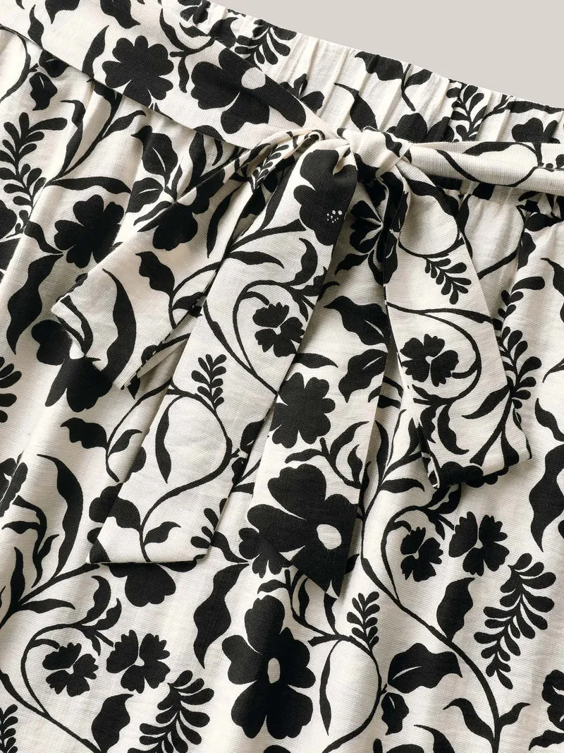 Floral Print Belted Midi A-Line Skirt