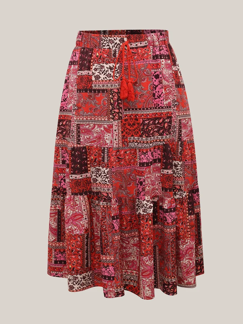 Geometric Collage Waist-Tie Maxi Skirt