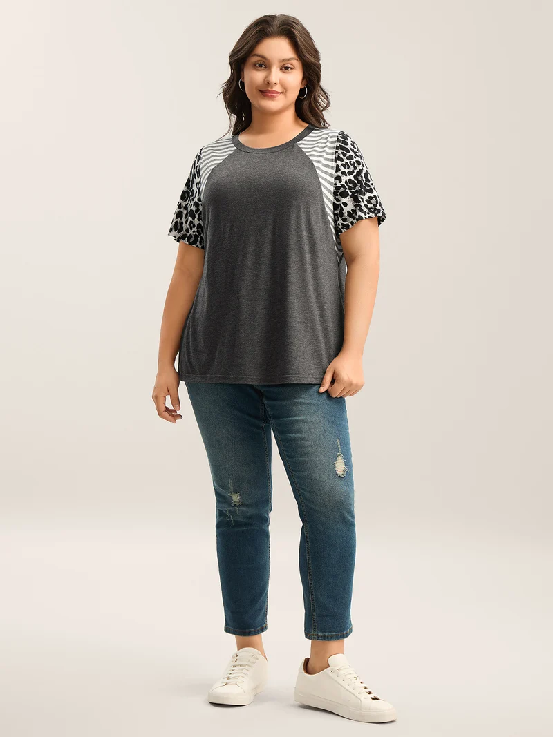 Leopard Stripes Raglan Sleeve T-Shirt